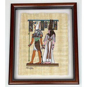 10"x12" FRAMED Original Hand Painted Genuine EGYPTIAN PAPYRUS Horus & Nefertiti